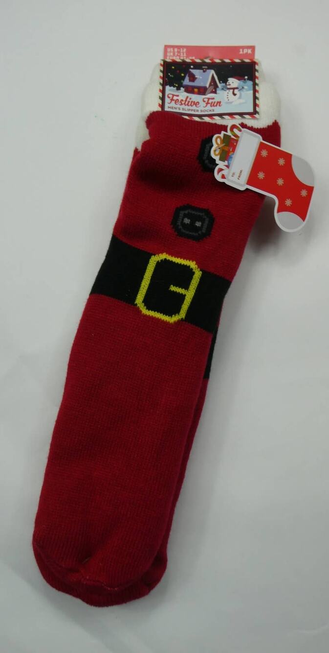Festive Fun men's sherpa lined Slipper Socks, Christmas Santa, sz 8-12, NEW